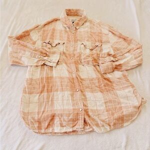 American Eagle Outfitters Peach & Cream Plaid Snap-Front Shirt